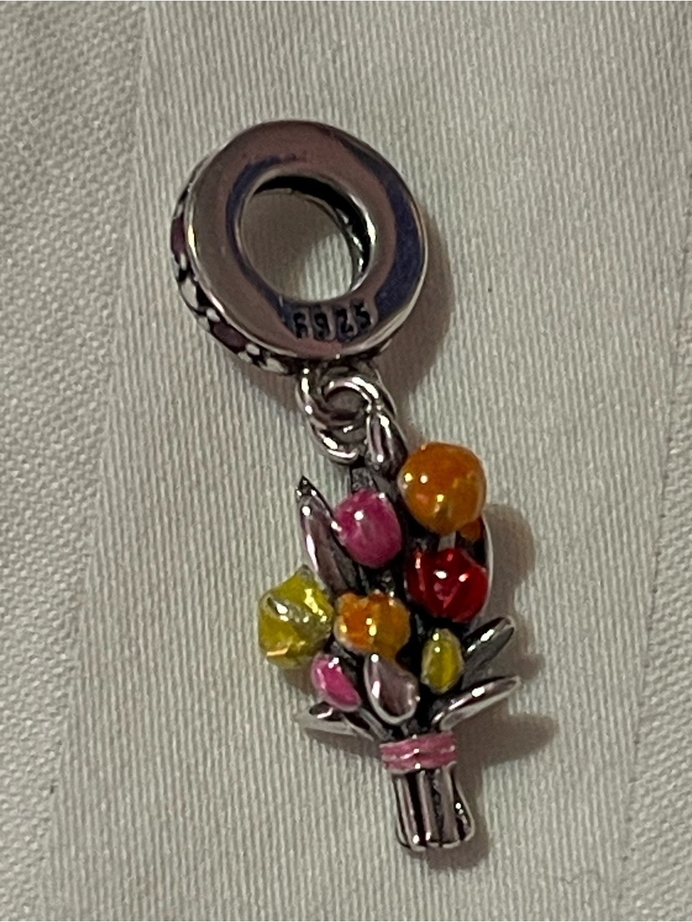 925 Sterling Silver Bouquet of Flowers Dangle Charm Pendant in Multicolor Enamel